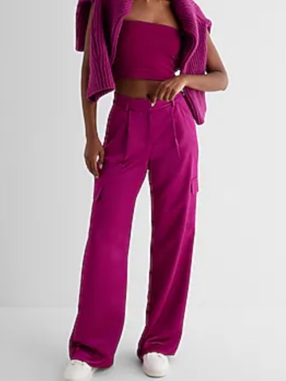 Express High-Waisted Satin Cargo Trouser Pants-Magenta Pink-Women Size 8